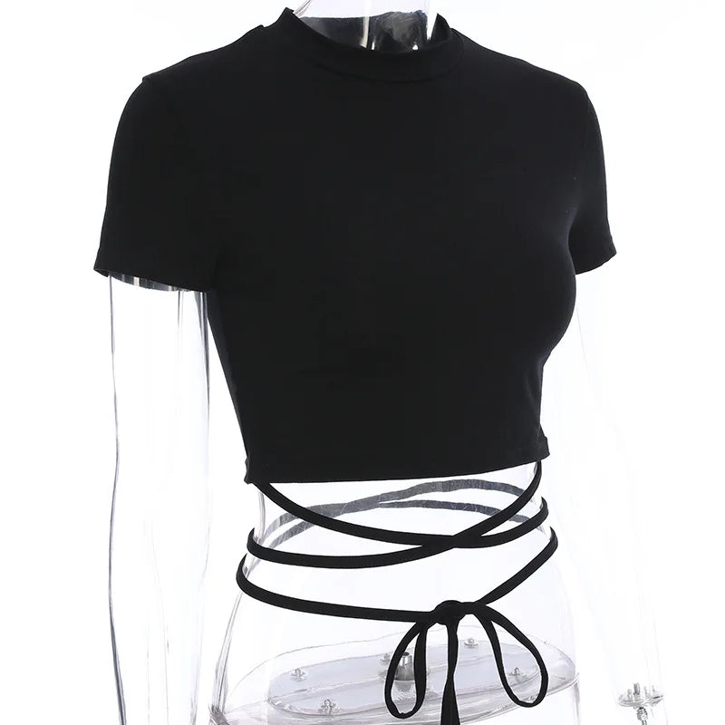2025 Summer Women Black Short T-Shirts Sexy Crop Tops Short Sleeve Bandage Tee Tops Female Shirts