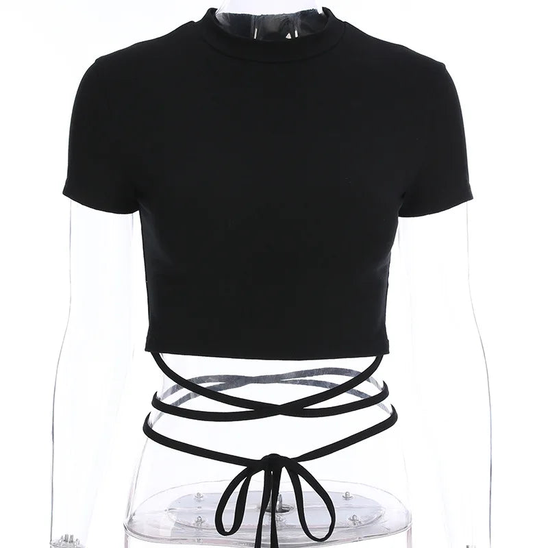 2025 Summer Women Black Short T-Shirts Sexy Crop Tops Short Sleeve Bandage Tee Tops Female Shirts
