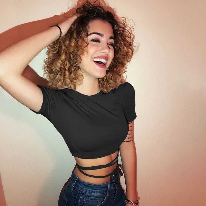 2025 Summer Women Black Short T-Shirts Sexy Crop Tops Short Sleeve Bandage Tee Tops Female Shirts