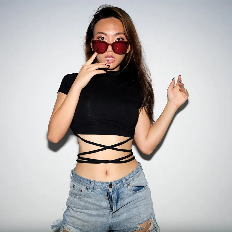 2025 Summer Women Black Short T-Shirts Sexy Crop Tops Short Sleeve Bandage Tee Tops Female Shirts