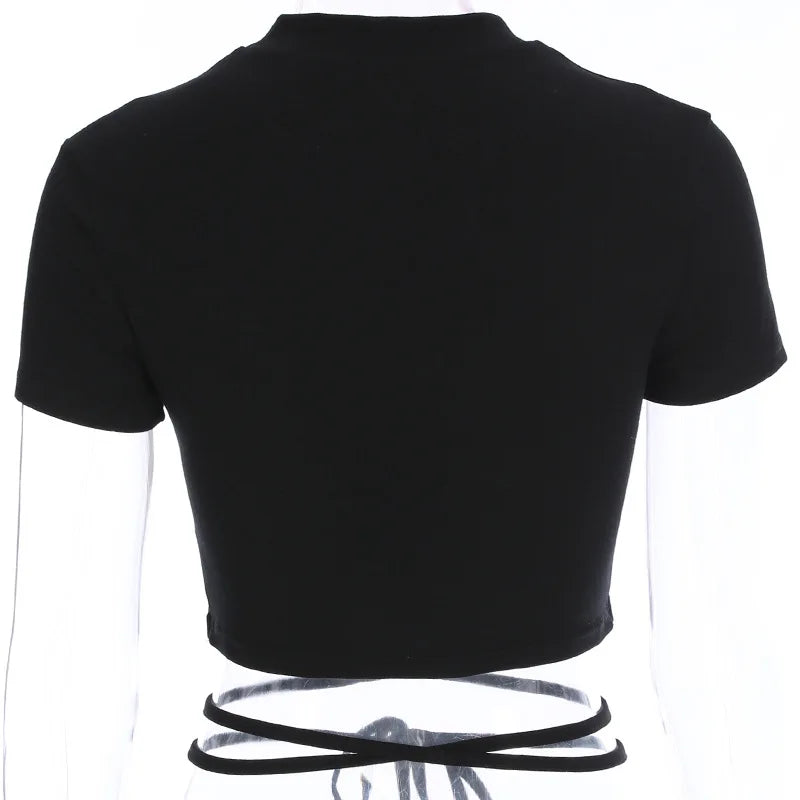 2025 Summer Women Black Short T-Shirts Sexy Crop Tops Short Sleeve Bandage Tee Tops Female Shirts
