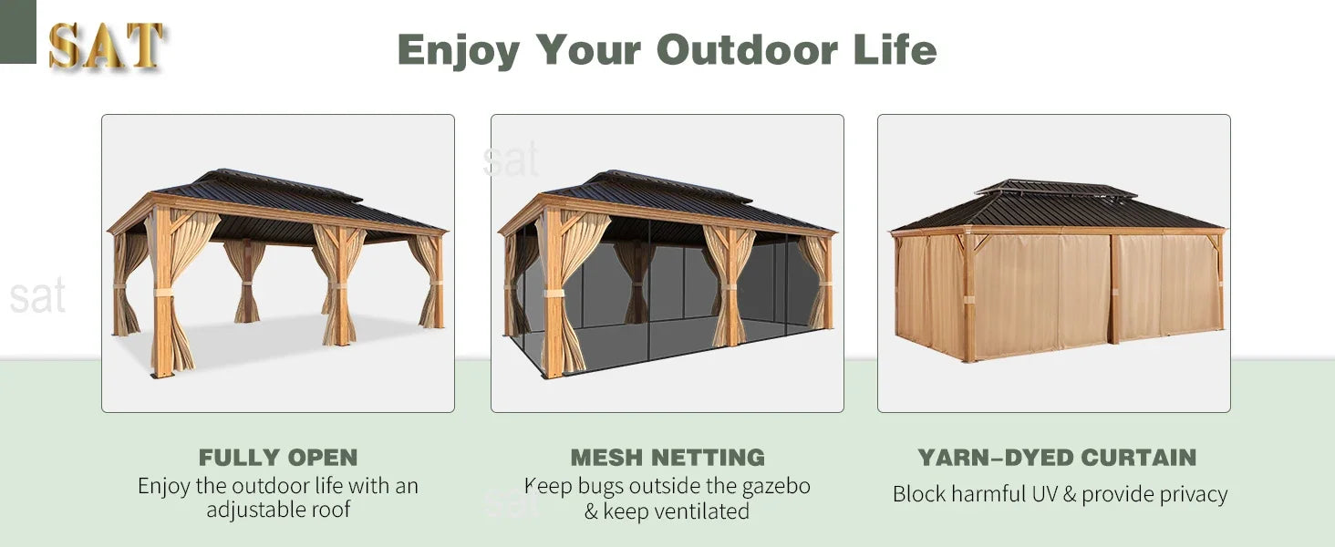 %a 12' x 20' Gazebo, Hardtop Gazebo Wood-Looking Gazebo with Galvanized Steel Double Roof, Aluminum Frame, Backyard, Patio, La