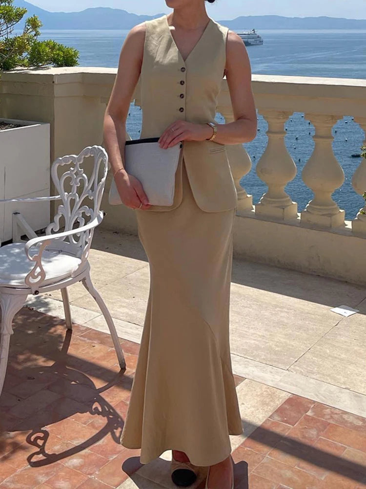 HH Women Vest Skirt Sets Female Khaki Long Blazer Vest V Neck Sleeveless Slim Top+Elegant High Waist A Line Skirt Suit TRAF