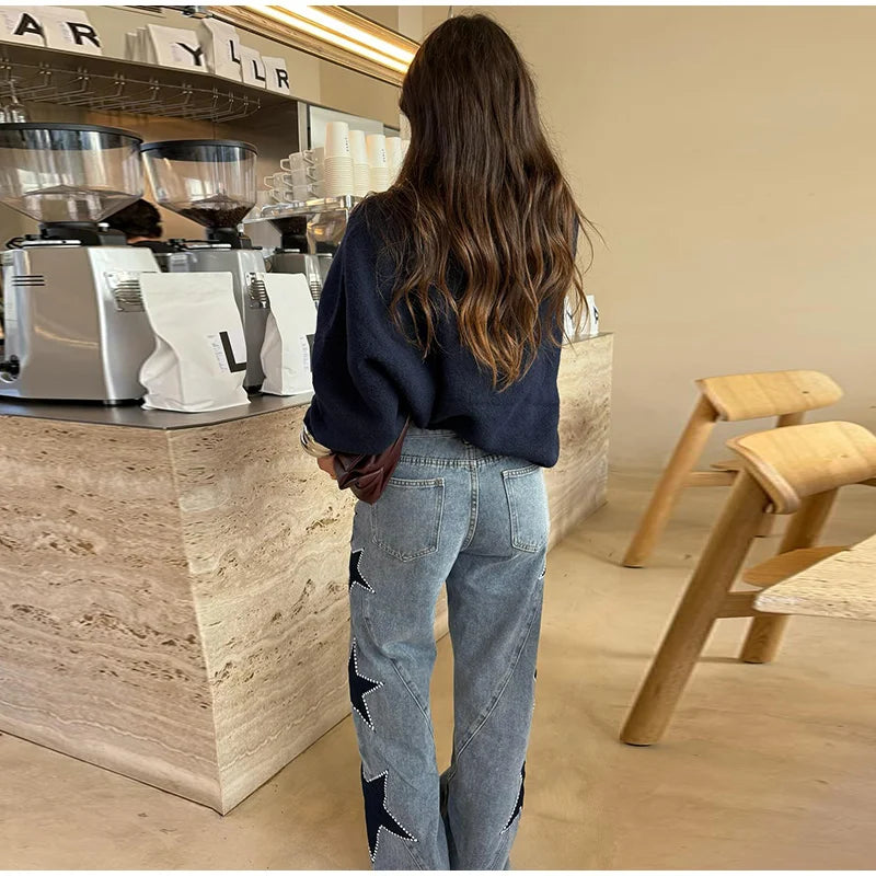 Classic Studded Denim Jeans Pant Women's Star Patchwork Baggy Pants Wide Leg  Trendy Streetwear Casual Daily Female Trousers