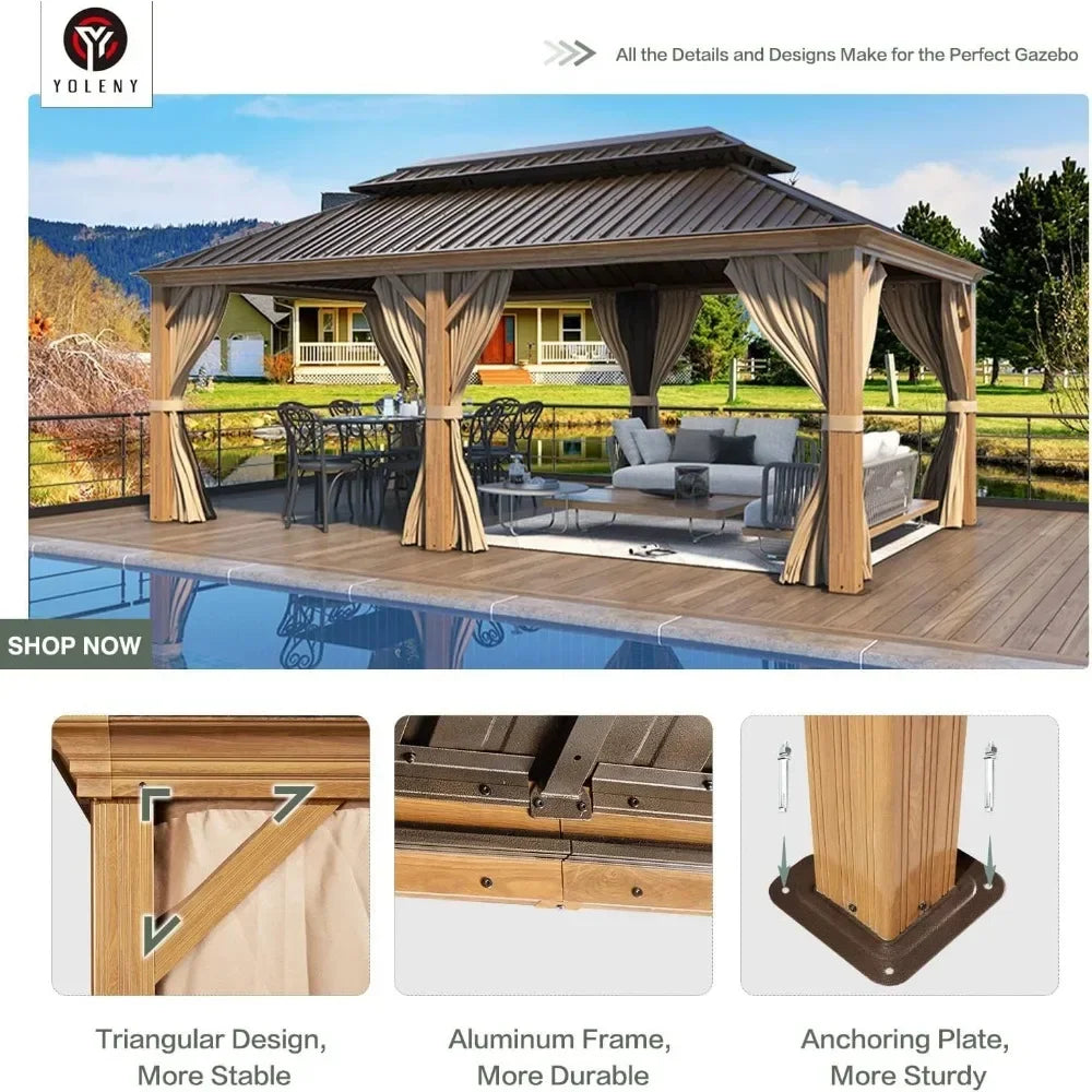 %a 12' x 20' Gazebo, Hardtop Gazebo Wood-Looking Gazebo with Galvanized Steel Double Roof, Aluminum Frame, Backyard, Patio, La