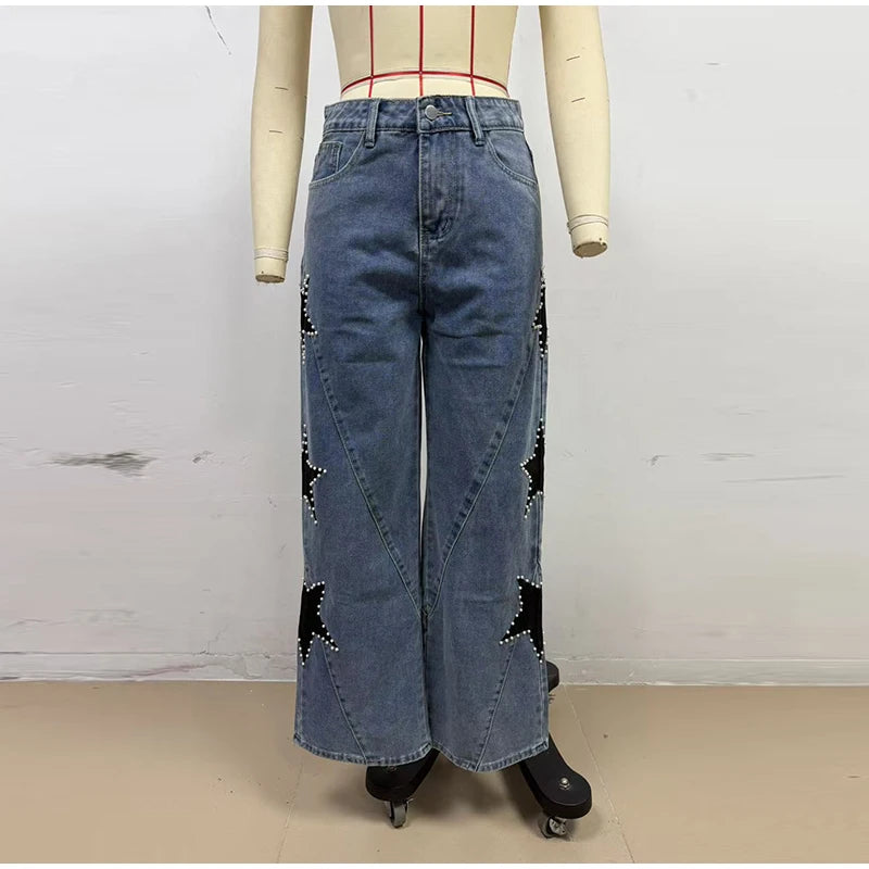 Classic Studded Denim Jeans Pant Women's Star Patchwork Baggy Pants Wide Leg  Trendy Streetwear Casual Daily Female Trousers