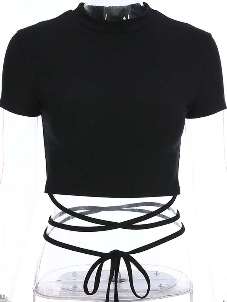 2025 Summer Women Black Short T-Shirts Sexy Crop Tops Short Sleeve Bandage Tee Tops Female Shirts