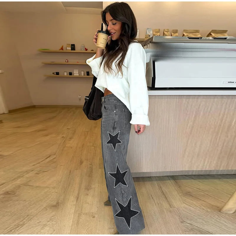Classic Studded Denim Jeans Pant Women's Star Patchwork Baggy Pants Wide Leg  Trendy Streetwear Casual Daily Female Trousers