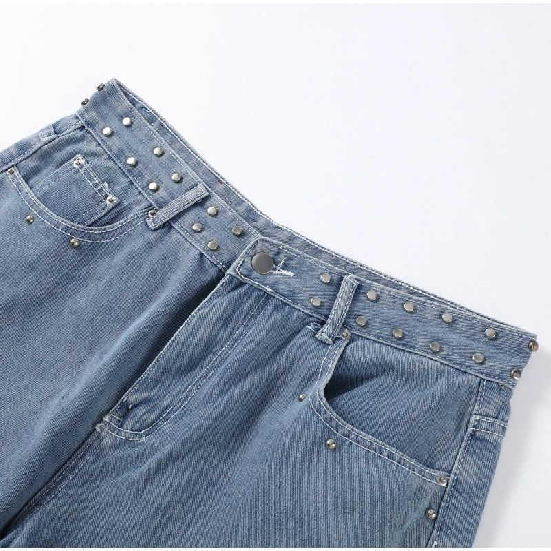 Classic Studded Denim Jeans Pant Women's Star Patchwork Baggy Pants Wide Leg  Trendy Streetwear Casual Daily Female Trousers
