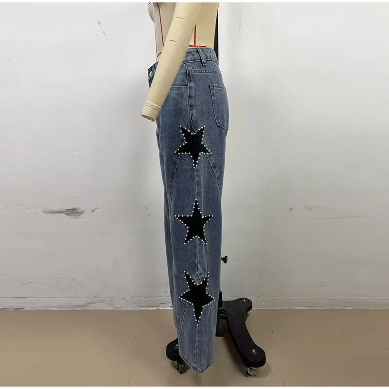 Classic Studded Denim Jeans Pant Women's Star Patchwork Baggy Pants Wide Leg  Trendy Streetwear Casual Daily Female Trousers