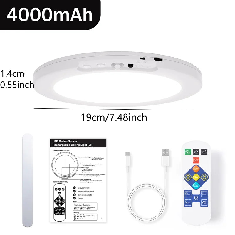 Motion Sensor Ceiling Light USB Type-C Rechargeable Magnetic Lamp Wireless Wall Lamp Remote LED Night Light For Kitchen Coatroom