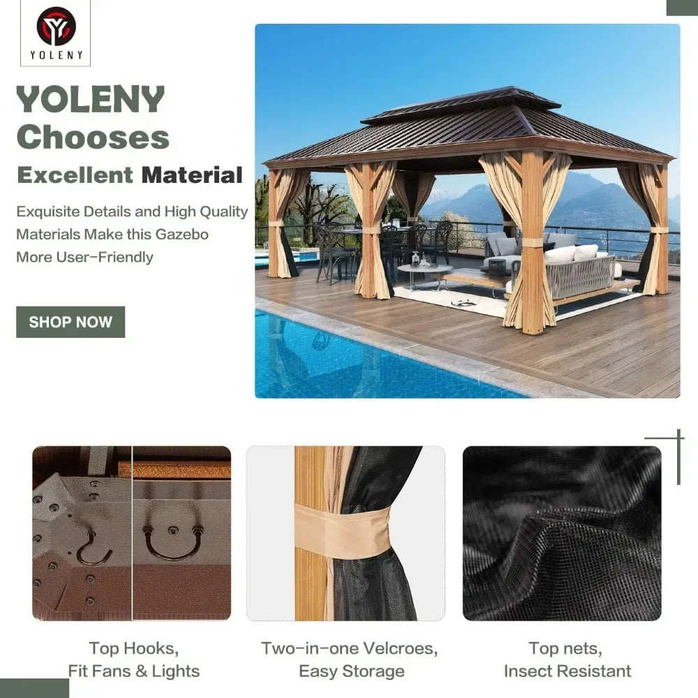 %a 12' x 20' Gazebo, Hardtop Gazebo Wood-Looking Gazebo with Galvanized Steel Double Roof, Aluminum Frame, Backyard, Patio, La