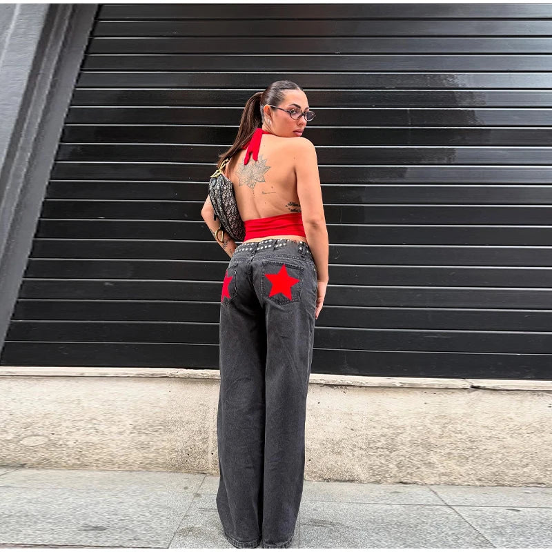 Classic Studded Denim Jeans Pant Women's Star Patchwork Baggy Pants Wide Leg  Trendy Streetwear Casual Daily Female Trousers
