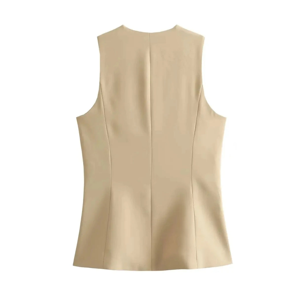 HH Women Vest Skirt Sets Female Khaki Long Blazer Vest V Neck Sleeveless Slim Top+Elegant High Waist A Line Skirt Suit TRAF
