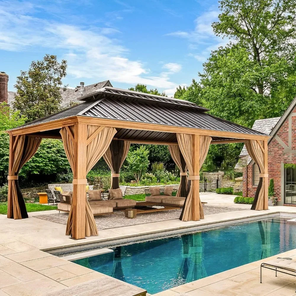 %a 12' x 20' Gazebo, Hardtop Gazebo Wood-Looking Gazebo with Galvanized Steel Double Roof, Aluminum Frame, Backyard, Patio, La