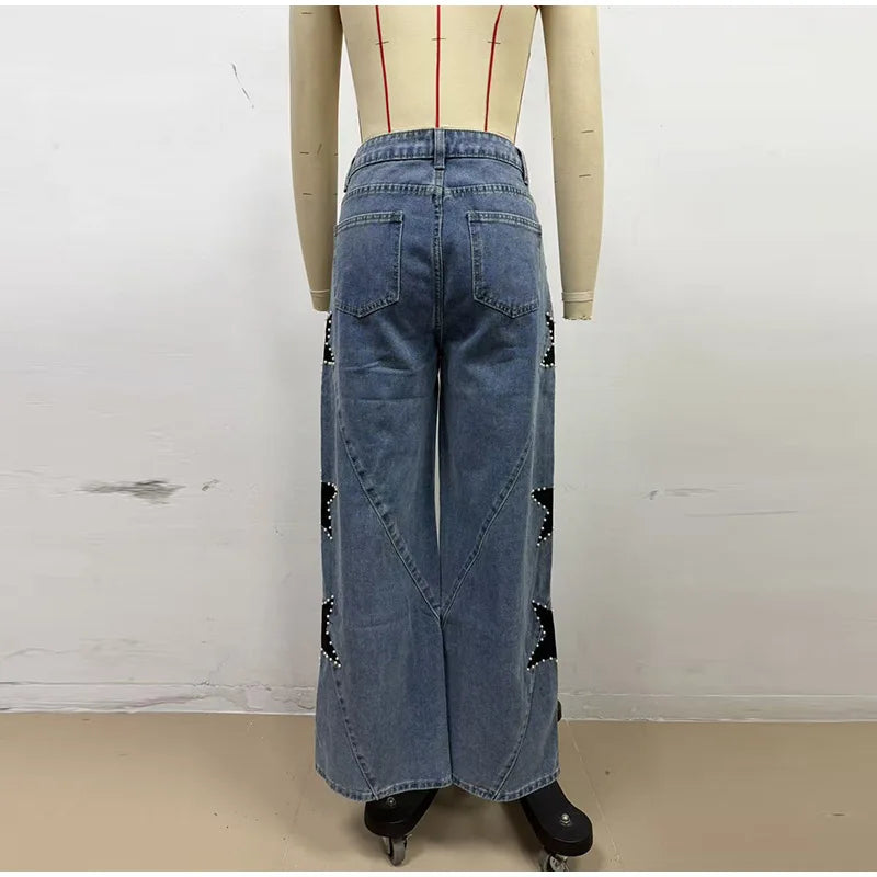 Classic Studded Denim Jeans Pant Women's Star Patchwork Baggy Pants Wide Leg  Trendy Streetwear Casual Daily Female Trousers