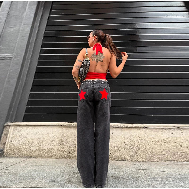 Classic Studded Denim Jeans Pant Women's Star Patchwork Baggy Pants Wide Leg  Trendy Streetwear Casual Daily Female Trousers