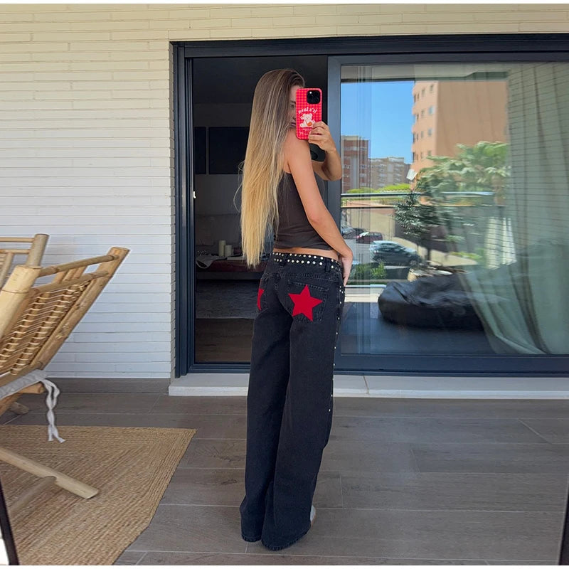 Classic Studded Denim Jeans Pant Women's Star Patchwork Baggy Pants Wide Leg  Trendy Streetwear Casual Daily Female Trousers