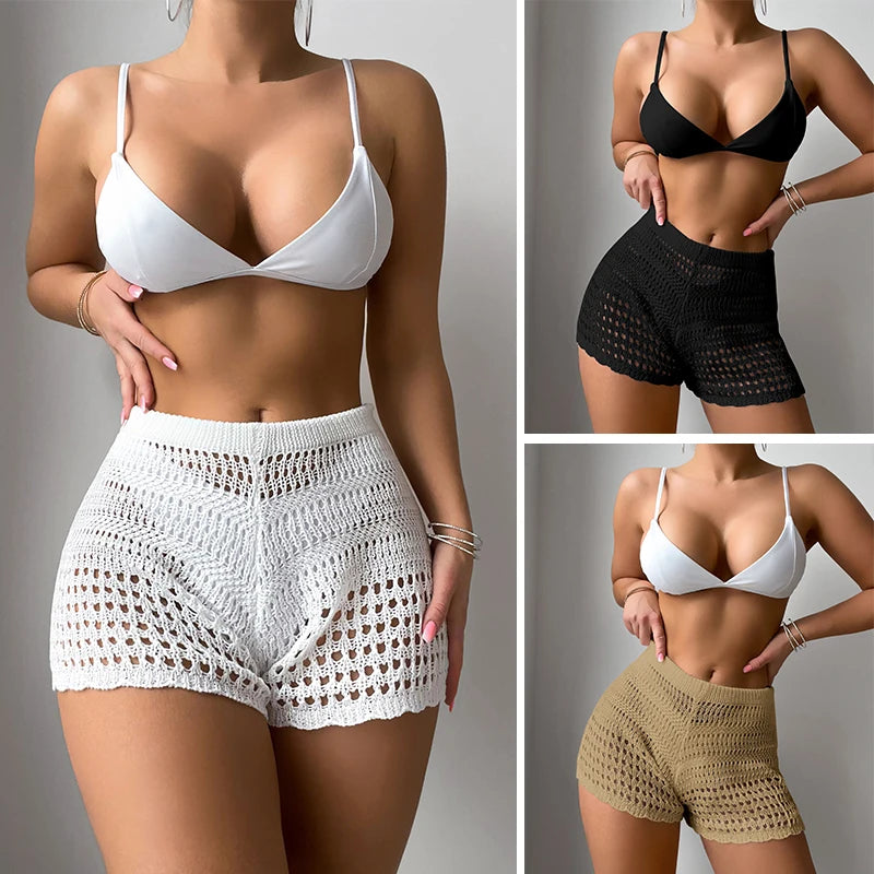 Summer Vacation Crochet Knit Solid Color Swimsuit Cover Up Shorts Breathable Hollow out Beach Bikini Cover-Ups Shorts