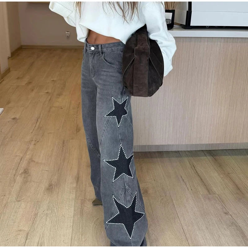 Classic Studded Denim Jeans Pant Women's Star Patchwork Baggy Pants Wide Leg  Trendy Streetwear Casual Daily Female Trousers