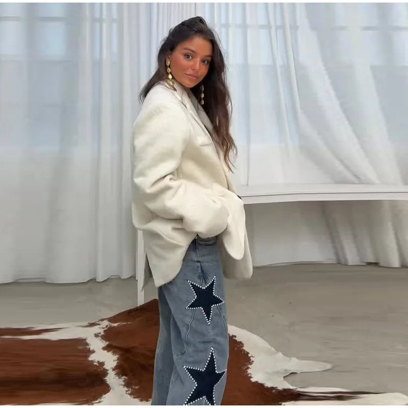 Classic Studded Denim Jeans Pant Women's Star Patchwork Baggy Pants Wide Leg  Trendy Streetwear Casual Daily Female Trousers