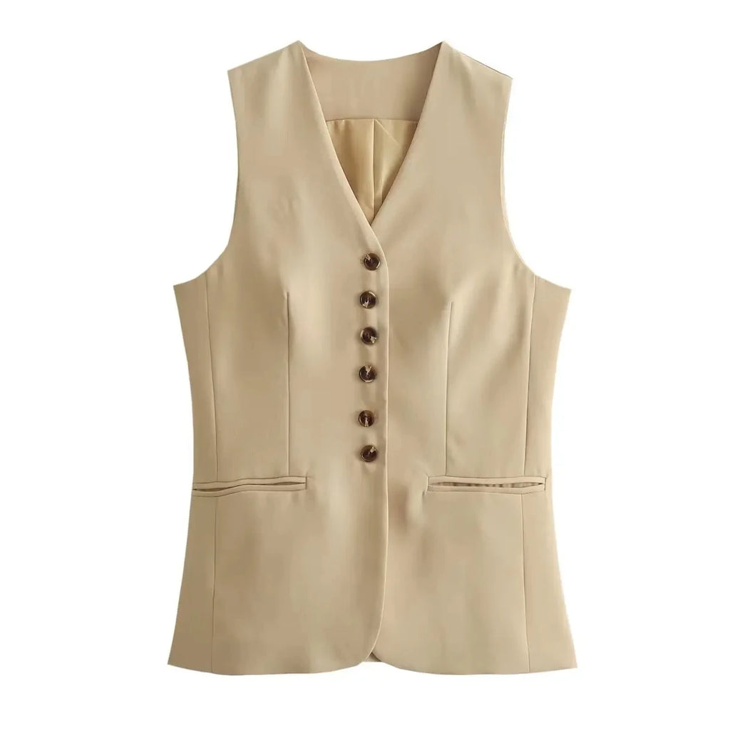 HH Women Vest Skirt Sets Female Khaki Long Blazer Vest V Neck Sleeveless Slim Top+Elegant High Waist A Line Skirt Suit TRAF