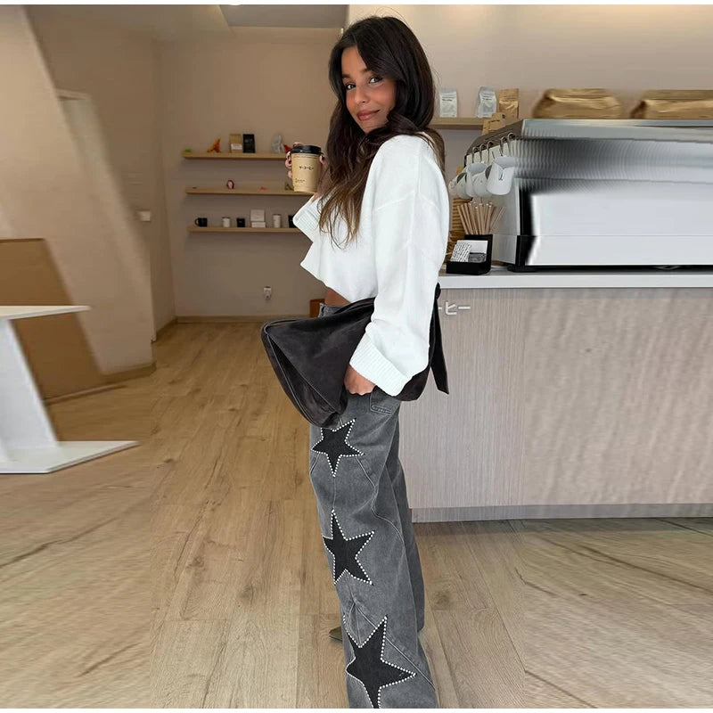 Classic Studded Denim Jeans Pant Women's Star Patchwork Baggy Pants Wide Leg  Trendy Streetwear Casual Daily Female Trousers